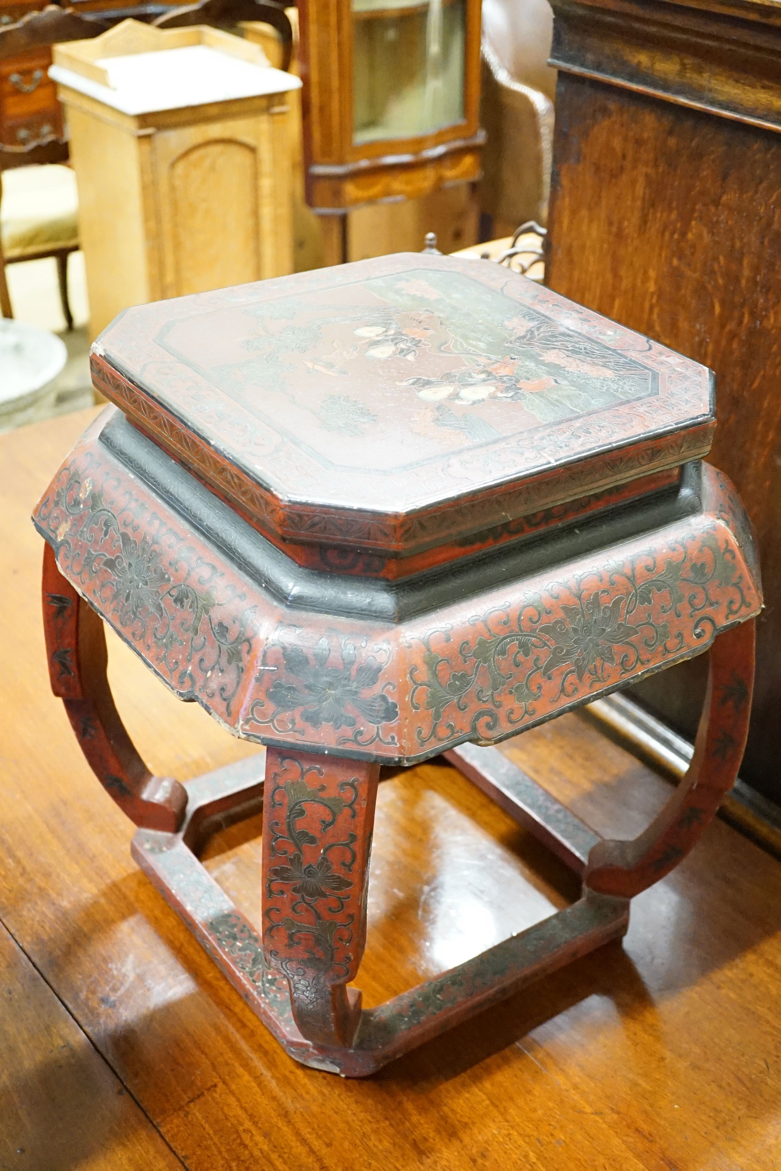 A pair of late 19th century Chinese lacquered stools, width 42cm, height 45cm